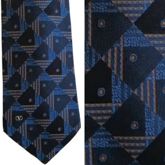 Valentino Garavani "V" Italian 100% Silk Tie with Blue and Orange Textured Print - Picture 2 of 14